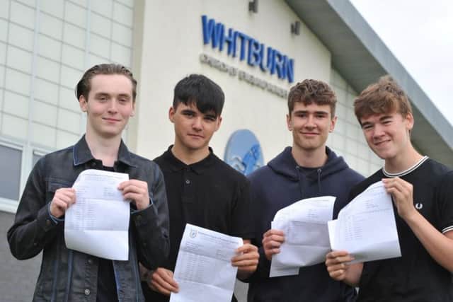 Students Daniel Aiken, Sam Golzar, Reed Smith and Jamie McAllister at Whitburn Church of England Academy, receiving their GCSE results.