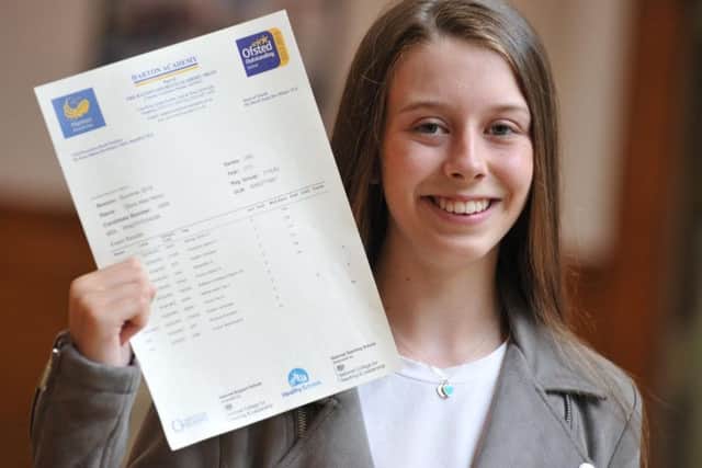 Student Olivia Heron at Harton Technology Academy, receiving her GCSE results.
