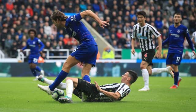 Fabian Schar's tackle on Chelsea's Marcos Alonso.