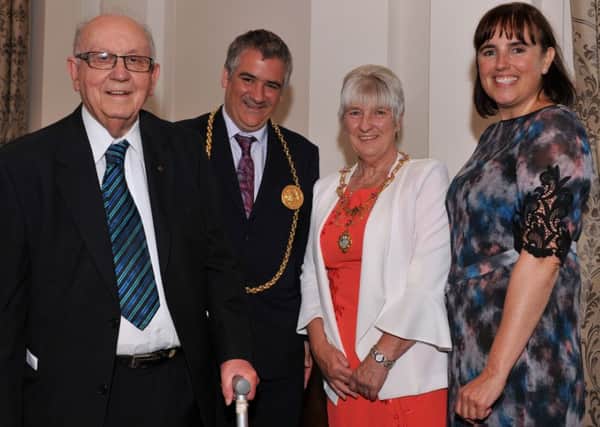 The Mayor Coun Ken Stephenson and Mayoress Mrs Cathy Stephenson with St Clare's Hospice Honourary President Walter Armstrong and CEO Avril Robinson.