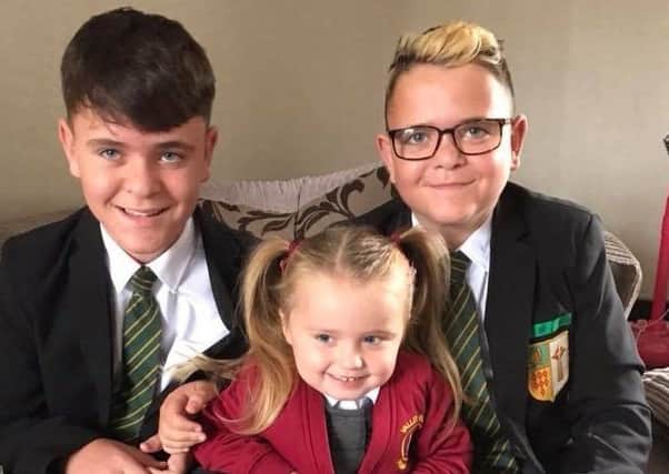 Back to school. Dillon and Harvey Wilde going into Year 8 at St Wilfreds and Darcey Davison, 3, going to Valley View. Picture: Joanne Wilde.