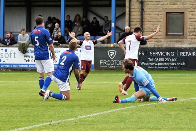 Josh Gillies celebrates his goal for South Shields. Pictures by Kev Wilson.