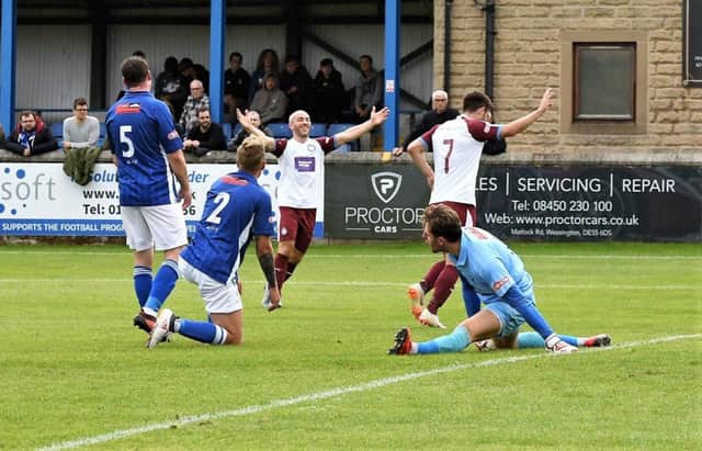 Josh Gillies celebrates his goal for South Shields. Pictures by Kev Wilson.