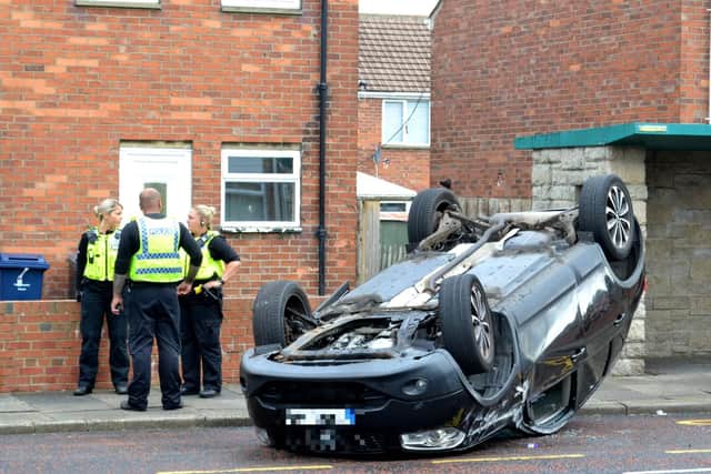 A car which overturned in Galsworthy Road, South Shields.