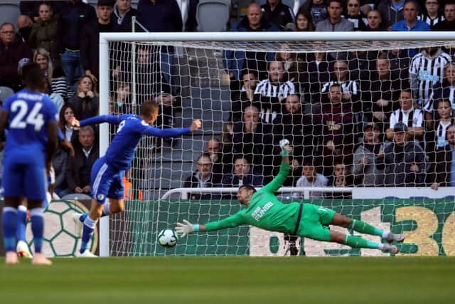 Martin Dubravka is beaten by Jamie Vardy's penalty against Leicester on Saturday.