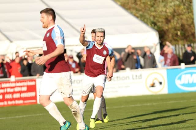 South Shields Carl Finnigan celebrates after scoring.