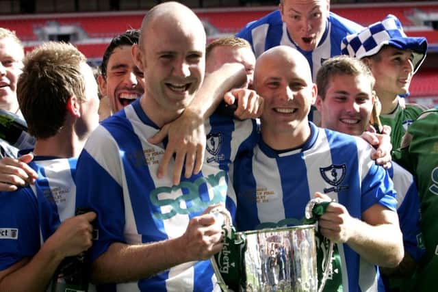 Whitley Bay FC playing at Wembley in the FA Vase Final 2001.  They won 3-2 for their third consecutive win.  Goalscorers Paul Chow and Lee Kerr.