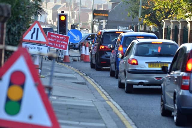 Motorists queueing in Sunderland Road, South Shields, while roadworks continue.