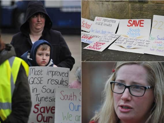 A protest against the closure of South Shields School took place today.