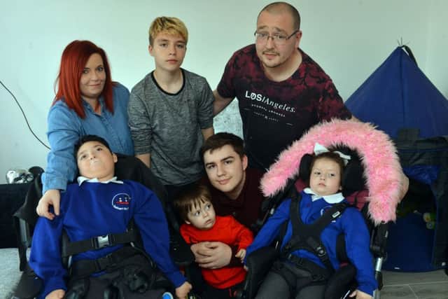 Jemma and Aaron Meek with children Drew, two, Luke, 13, Ethan, 18, Callum, 10, and Lana, three, who have a rare genetic condition.