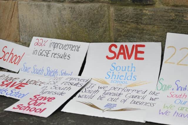 The signs used in a recent protest calling for South Shields School to remain open.