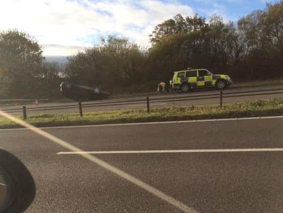 Overturned car on the A1. Picture submitted.