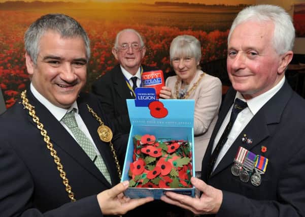 The Mayor Coun Ken Stephenson and Mayor Mrs Cathy Stephenson with Royal British Legion President Peter Boyack and Chairman Peter Frazer.