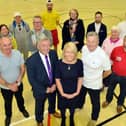 (Front centre) Manager of Boldon Community Association Susan Topping with (left) John Topping of Durham County FA and Colin Dagg of Keep Active NE with fellow funding supporters in the refurbished Sports Hall. Picture by FRANK REID