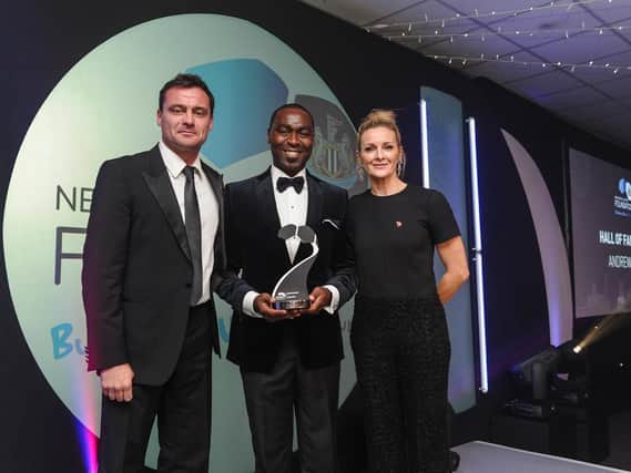 Steve Harper, Andy Cole and Gabby Logan at the Newcastle United Foundation's 10 Year Anniversary Dinner. (Pic: Serena Taylor/NUFC)
