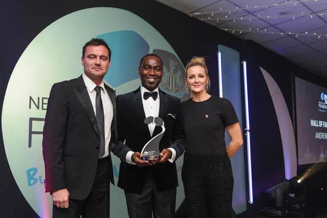 Steve Harper, Andy Cole and Gabby Logan at the Newcastle United Foundation's 10 Year Anniversary Dinner. (Pic: Serena Taylor/NUFC)