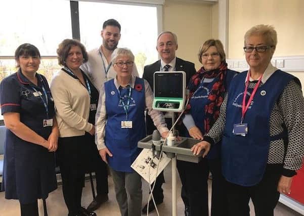 Maureen Young, Sue Goddard and Dorothy Rogers of the League of Friends with continence specialist/urogynaecology nurse Bev Bell, medical devices co-ordinator Clare Williams, biomedical engineer James Taylor, and head of biomedical engineering Mike Cox.