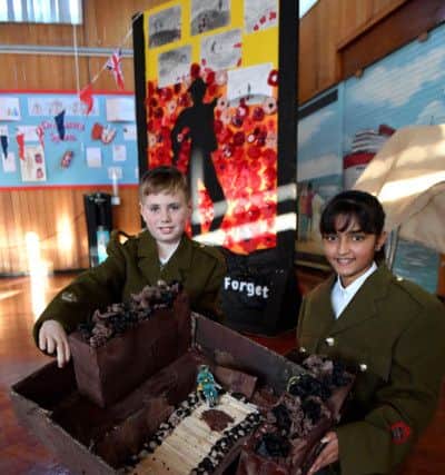 Pupils Branden Campbell and Jannah Jannatul taking part in the Remembrance play at Laygate Community School. Picture by FRANK REID