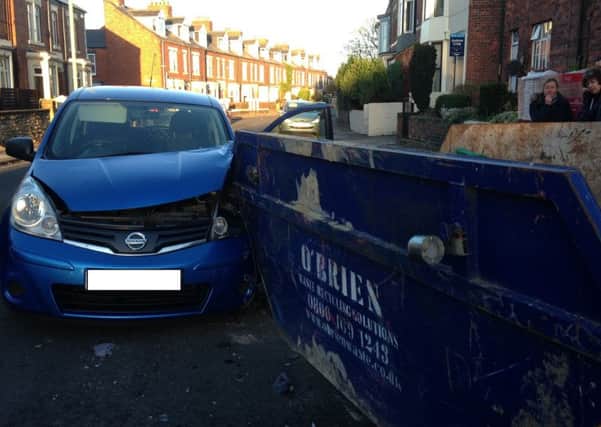 Damage to Jennifer Hall's car after she crashed into a skip in Horsley Hill Road, South Shields.