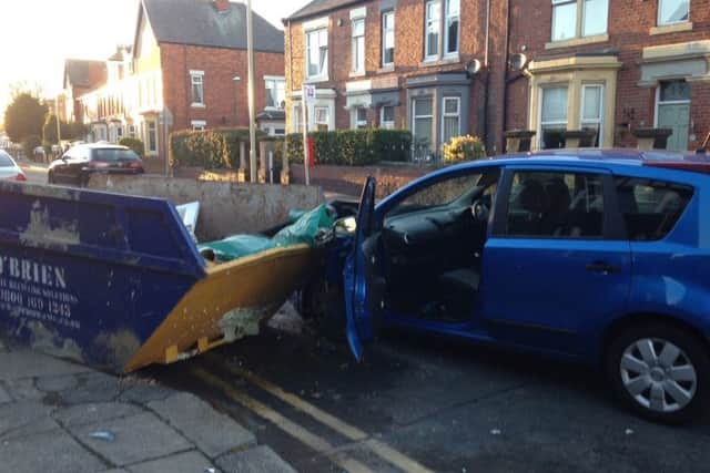 Damage to Jennifer Hall's car after she crashed into a skip in Horsley Hill Road, South Shields.
