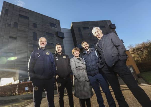 South Shields Football Club representatives (from left) Lee Picton and Blair Adams alongside South Tyneside councillor Tracey Dixon, South Tynesides director of public health Tom Hall and Steve Camm.
