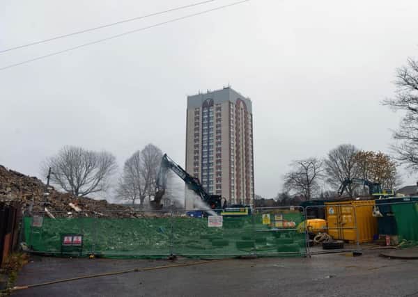 Final demolition stage of Westmorland Court, Hebburn