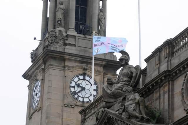 A pink and blue flag pays tribute at the Town Hall to South Shields couple Chloe Rutherford and Liam Curry.