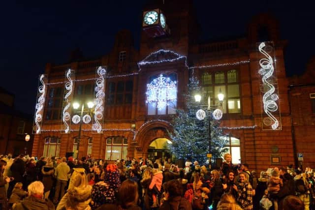 Crowds gather outside Jarrow Town Hall for the switch on of the Christmas lights