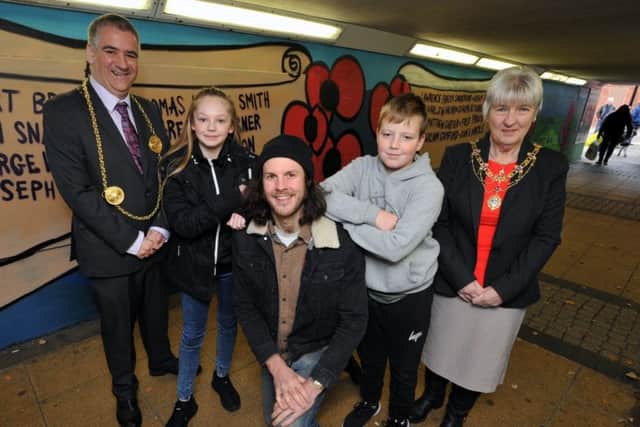 The Mayor and Mayoress with artist Anthony Downie and Jarrow YMCA youngsters, Emily Miller and Keenan Hatch.
