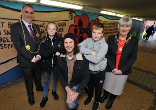The Mayor and Mayoress with artist Anthony Downie and Jarrow YMCA youngsters, Emily Miller and Keenan Hatch.