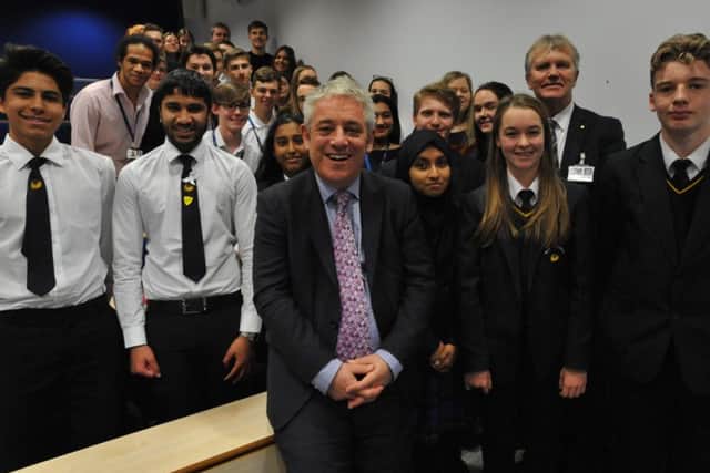 House of Commons speaker John Bercow MP talking to students at Harton Technology Academy, South Shields.