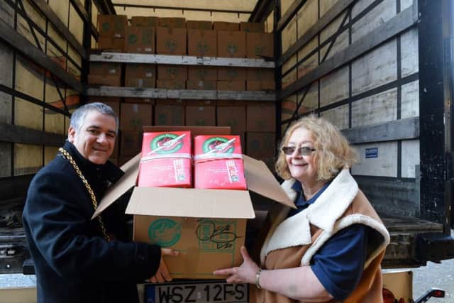 Operation Christmas Child shoebox appeal send off with orgainser Carol Hall and Mayor Ken Stephenson with last box