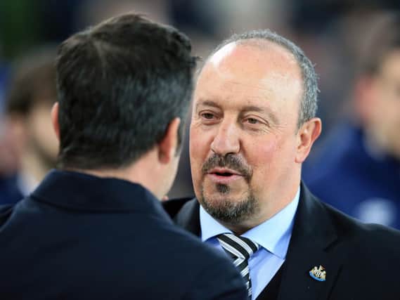 Rafa Benitez greets Marco Silva, Everton boss.