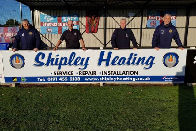 Left to right, South Shields FC joint manager Graham Fenton, J Shipley & Co Heating Ltd directors Nigel Surtees and Kevin Kinghorn, and South Shields FC joint manager Lee Picton.