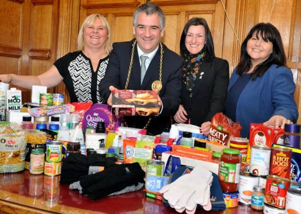 Janet Green from Unison with South Tyneside Mayor, Coun Ken Stephenson, council employee Kelly Ellwood and Theresa Amour from South Tyneside Homes with some of the donations.