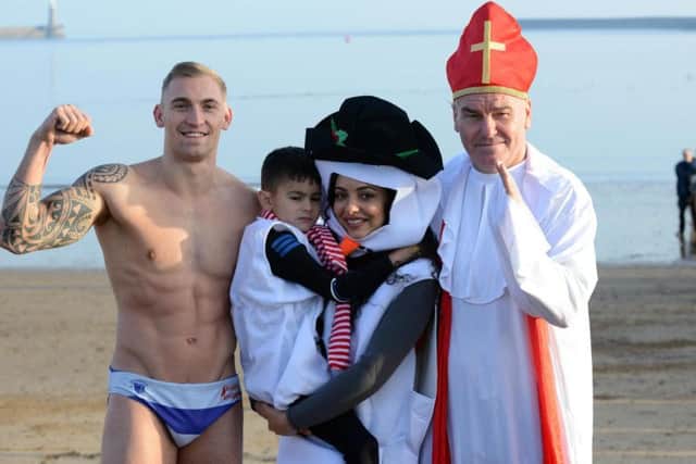 Little Mix Jade Thirlwall  with nephew Karl Thirlwall, Daniel Rundle and Jeff Rundle (R) at the Cancer Connection Boxing Day Dip