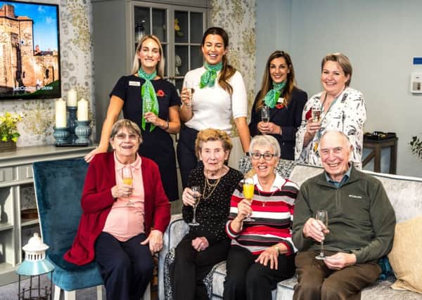 Staff and residents at the opening of  Seymour Court South Shields-McCarthy and Stone LtoR back row Samantha Hunt, Victoria Dry, Julia College, Susan Patrick front row LtoR Mary Dodd, Mrs Taylor, Margorie Paton and Joseph Paton.