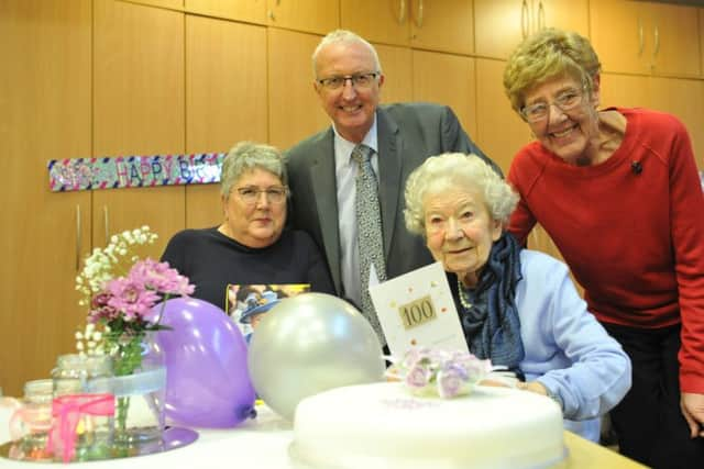 Celebrating her 100th birthday Peggy Carson, with step daughter Jean Turnbull, Ian Turnbull, and stepdaughter Anne Brown.