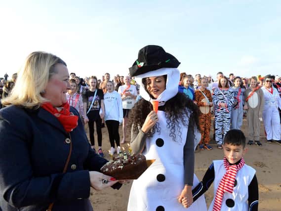Jade Thirlwall taking part in 2018's Boxing Day Dip for Cancer Connections.
