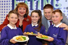 Sharon Hodgson MP joins pupils, left to right, Lee Jay, Aimee Gray and Logan Goodchild, at Ridgeway Primary Academy, South Shields, with headteacher Michael McCarthy.