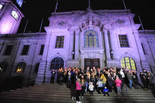 Supporters of the #findcarteraheart campaign on the steps of South Shields Town Hall earlier this evening as they held a candle lit vigil for three-week-old Carter Cookson.