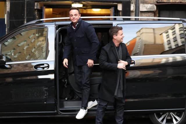 Anthony McPartlin, left, and Declan Donnelly arrive at the Britain's Got Talent auditions at the London Palladium. Pic: Jonathan Brady/PA Wire.
