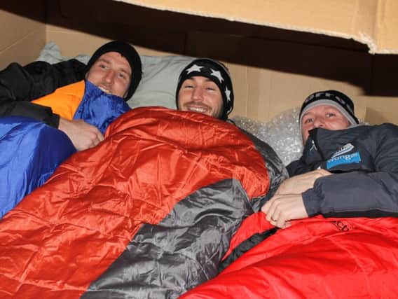 South Shields players Jon Shaw, Carl Finnigan and Barrie Smith taking part in the club's last sleep-out in 2017.