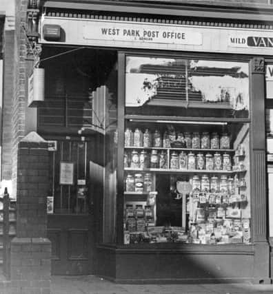 Bottles of sweets in the window of the West Park Post Office in 1969.