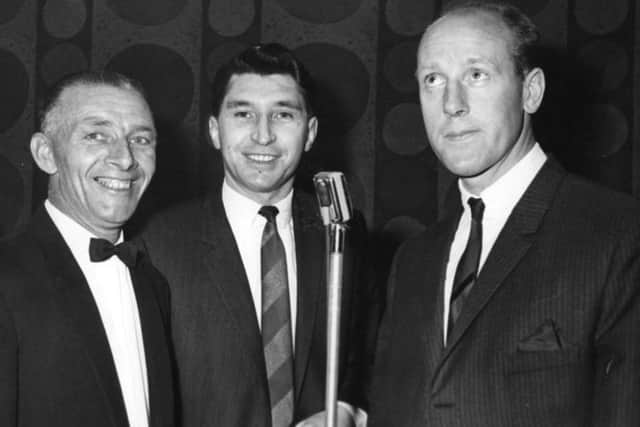 Jim Iley, right of Newatle United, officially re-opens South Shields Corporation Welfare Club after alterations. H Bliss, left, chairman, J Taylor, concert chairman in Memory Lane  May 1968.