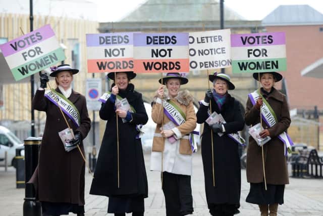 Deeds Not Words suffragette play at the Customs House promotional protest in King Street