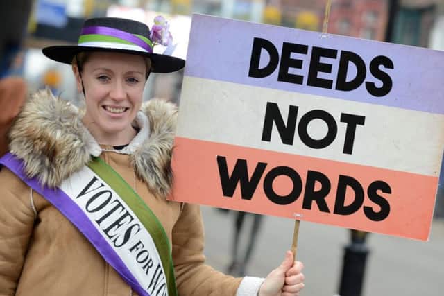 Deeds Not Words suffragette play at the Customs House promotional protest in King Street. Artistic director Kristin Kelly Abbott