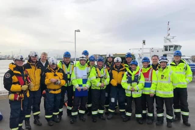 The volunteers from South Shields Voluntary Life Brigade and the HM Coastguard Search and Rescue after today's exercise