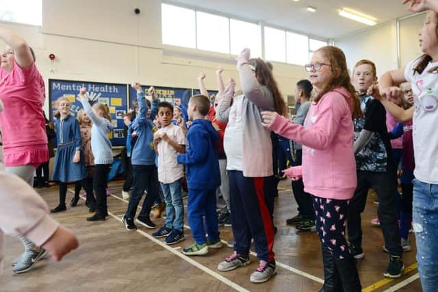 Epinay School pupils taking part in a Zumba for World Cancer. Picture by FRANK REID