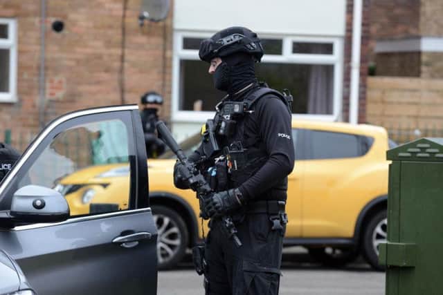 Armed police in South Shields this morning.